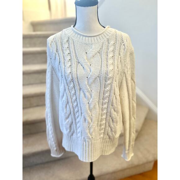 Banana Republic Soft Cotton & Wool White Cableknit Chunky Fisherman Sweater - Picture 1 of 6